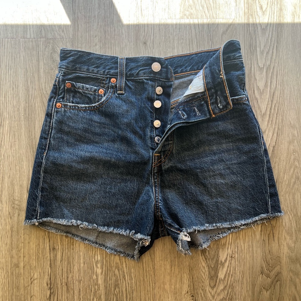 Levi’s Dark Wash Ribcage Buttonfly High-Rise Shorts